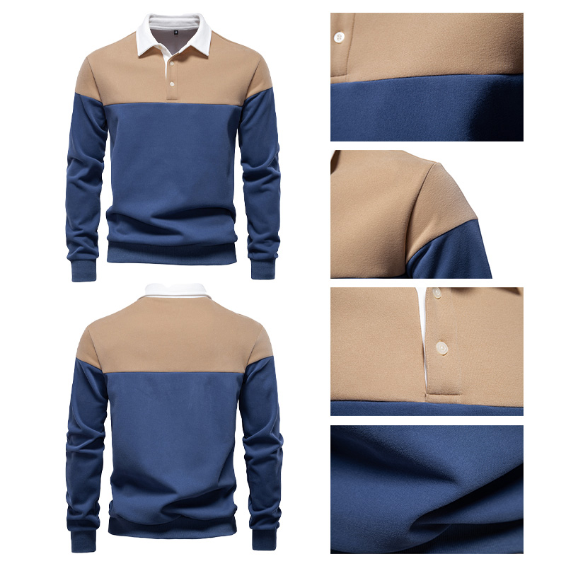 Men's Loose-Fit Polo Collar Pullover Hoodie with Color Block Design for Outdoor Fall Activities