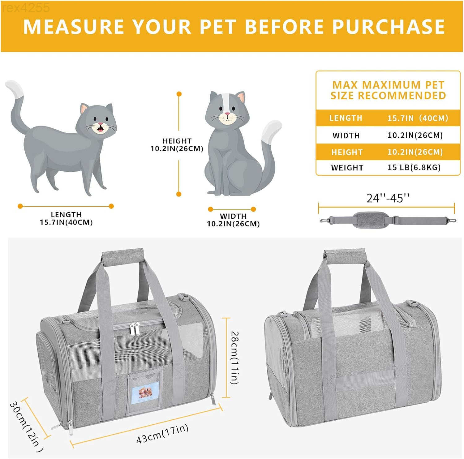Cat Carrier Dog Carrier Pet Carrier Airline Approved for Small Dogs Kitten Carriers Under 15lb Collapsible Soft Sided TSA Approved Travel CarrierGreyW