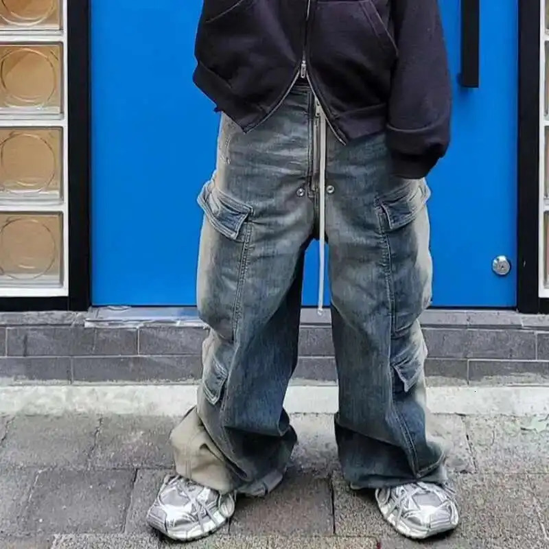 PFNW High Street Washed Vintage Gradient Multi Pocket Jeans Mens Streetwear Drawstring Wide Leg Pants Spring Trendy 28W4702 250823Z