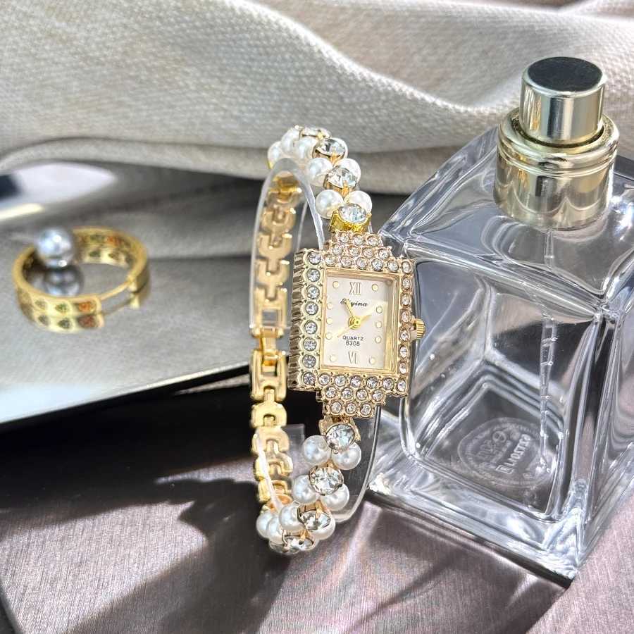 French Rantic DoubleRow Exquisite Small Pearl Bracelet Watch Square DiamondEncrusted Light Luxury Ladies Quartz Watch X250904