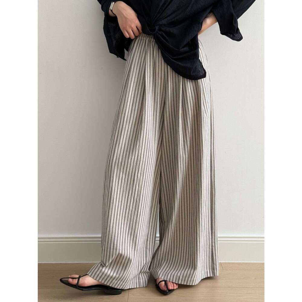 Yanshuang Simple Vertical Striped Casual for Women Summer New Loose Fit Wide-Leg Floor-Length Pants
