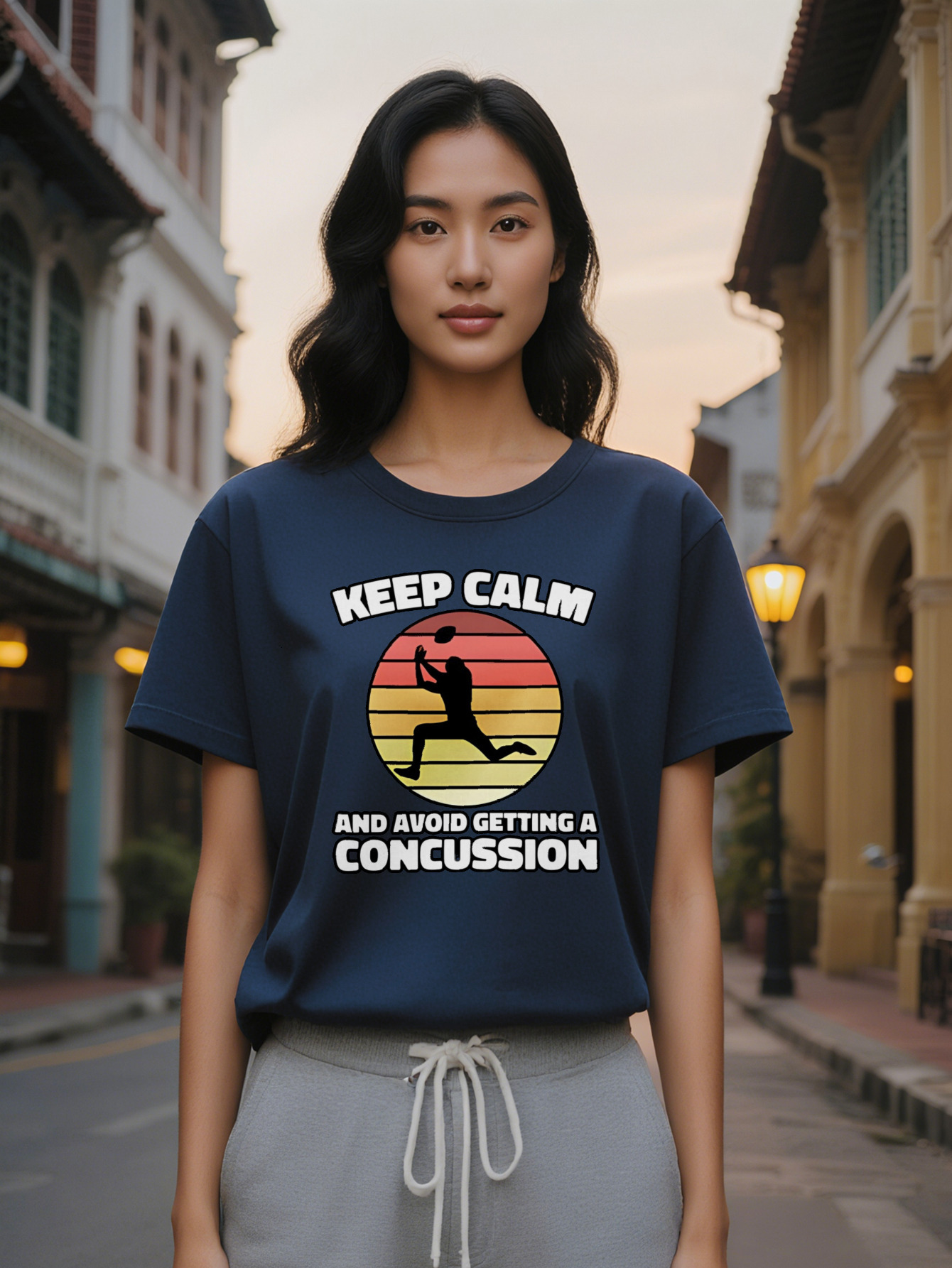 Large XL Lady Casual Crew Neck T-Shirt Keep Calm Avoid Concussion Graphic Print Black with Vibrant Color Block Breathable Plus Size