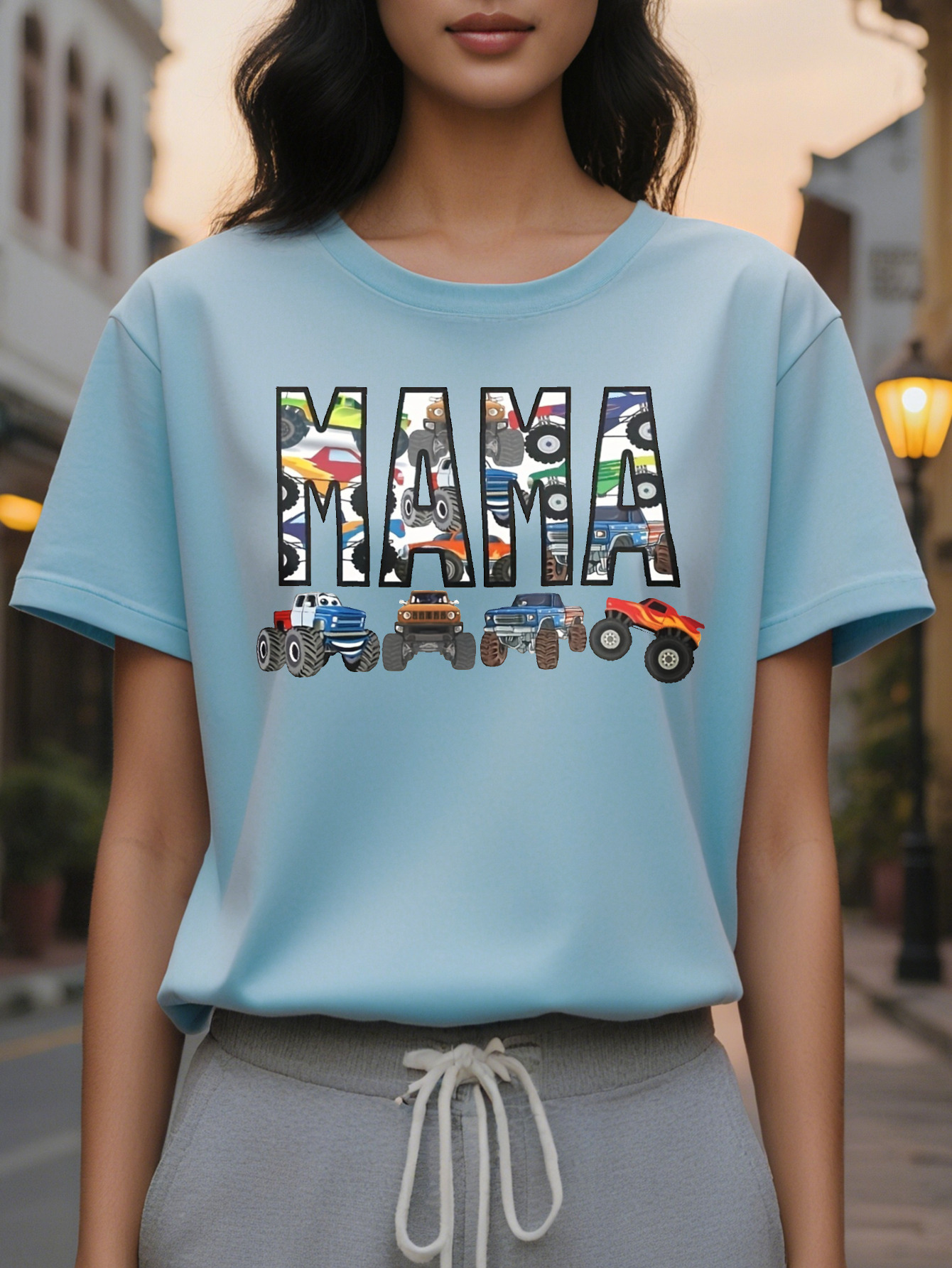 Large XL Light Beige Women's Casual Short Sleeve Round Neck T-Shirt Playful MAMA Truck Construction Graphic Print hine Plus Size