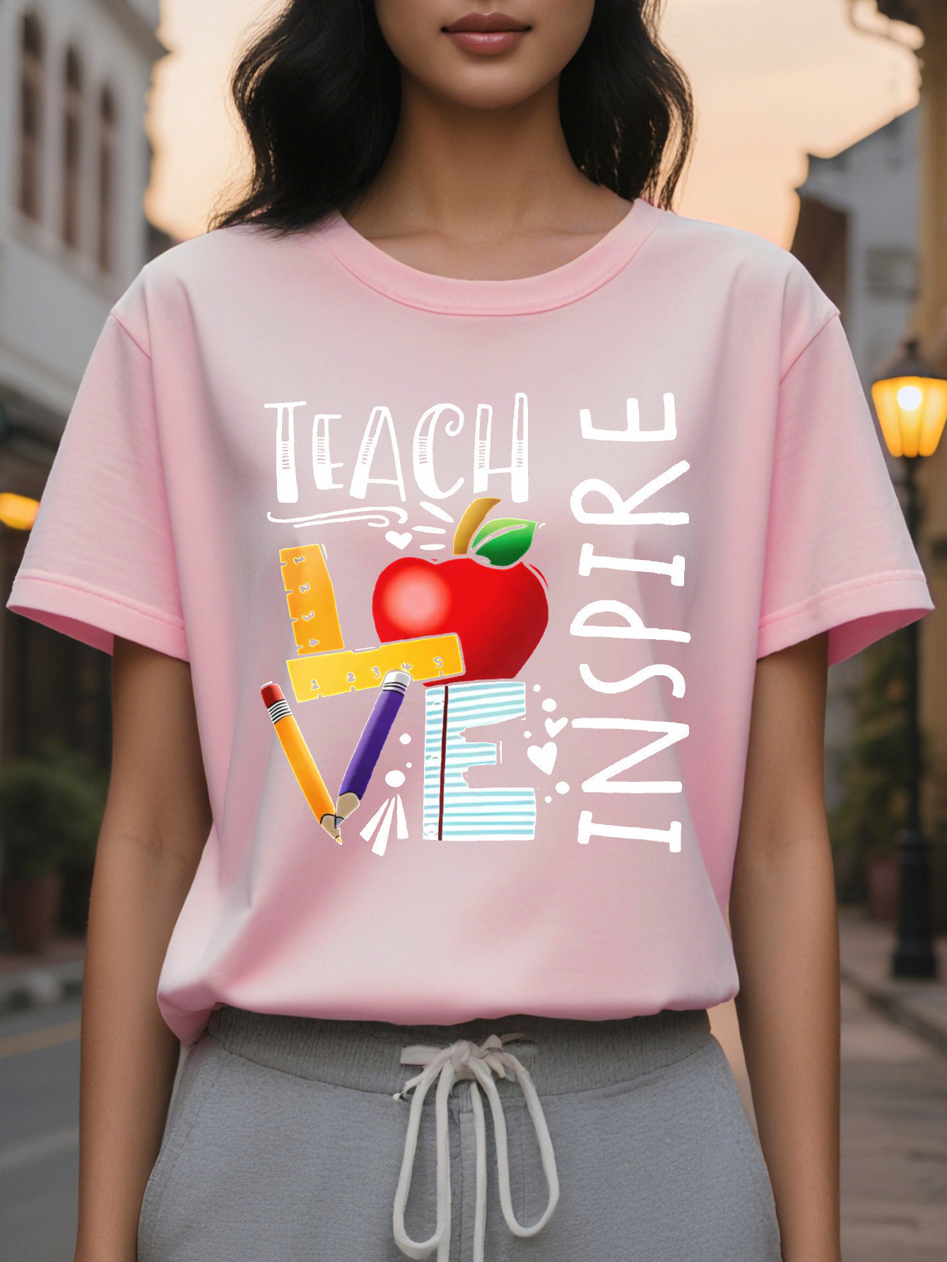 Teacher Letter Printed Short Sleeve T-Shirt Round Neck Casual Top Summer and Spring Women's Clothing