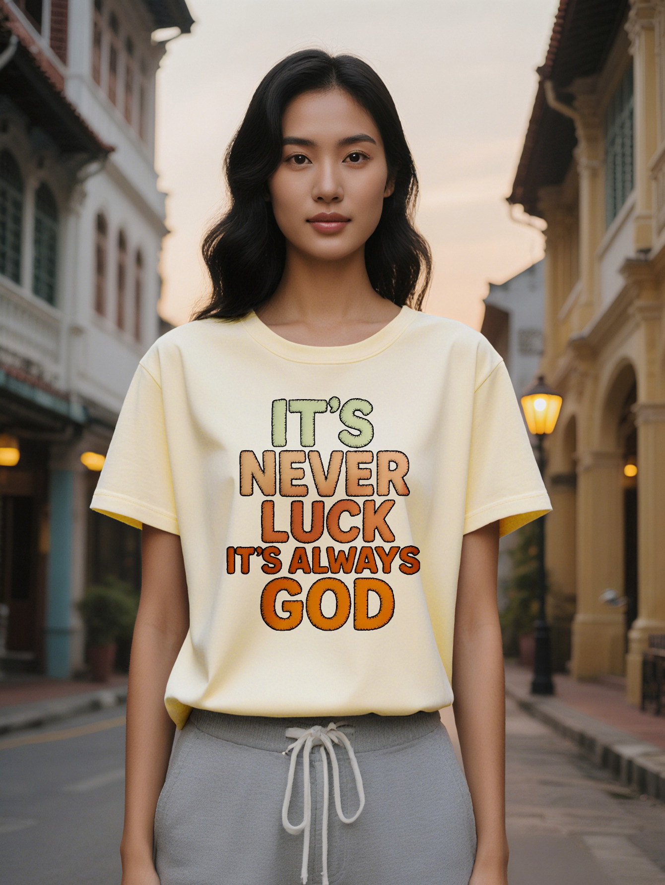 Large XL Women's Casual T-Shirt with Inspirational Never Luck It's Always God Print Black Orange Light Green Lettering Soft Plus Size