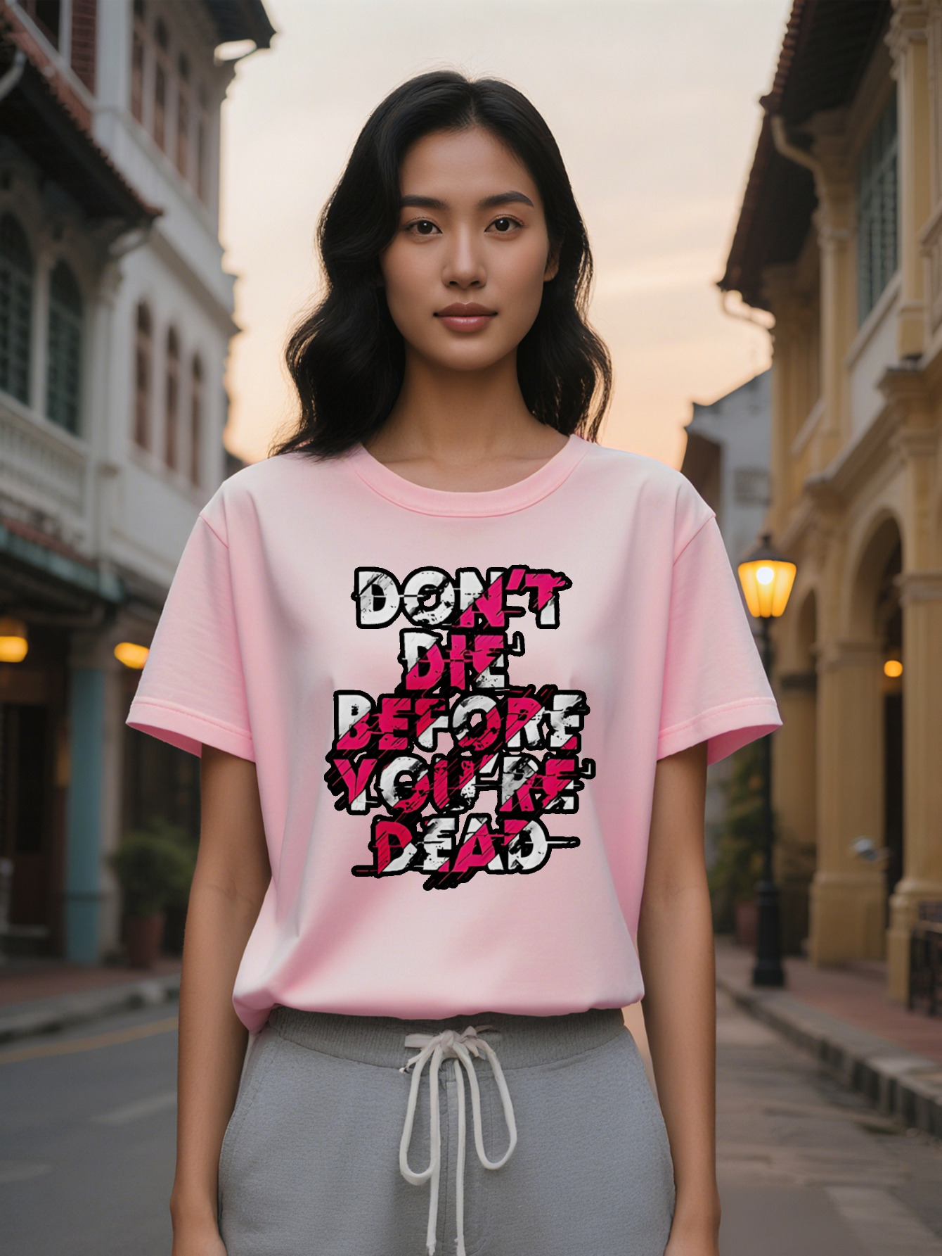 Large XL Casual Crew Neck T-Shirt Black with Bold Pink White Letter Print Don't Die Before You're Dead Design Lightweight Plus Size
