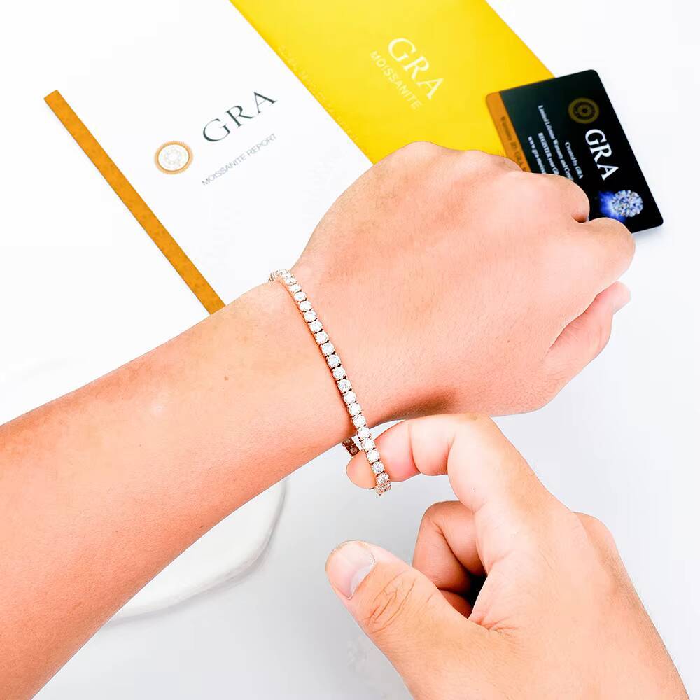 GRA Certified 925 Silver 4mm Iced Out Moissanite Tennis Pass Diamond Tester 925 Sterling Silver Moissanite Tennis Chain