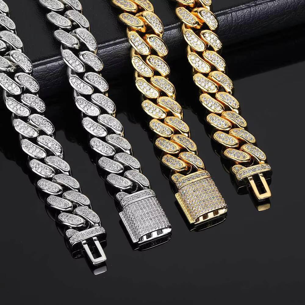 Hip Hop Style Mens Necklace with 12mm Flip Button Double Row Full Diamond Cuban Chain Chic Zircon Detail Fashion Necklace