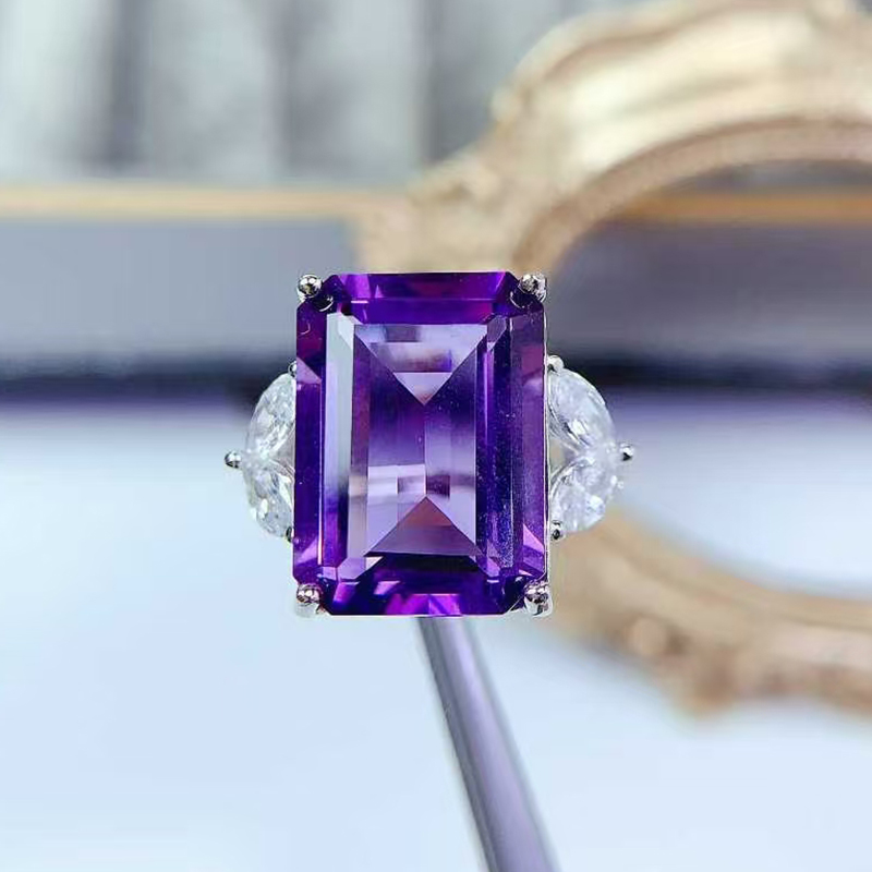 Real 925 silver ring natural amethyst jewelry with certificate 12mm * 16mm 12ct genuine amethyst ring birthday gift for women