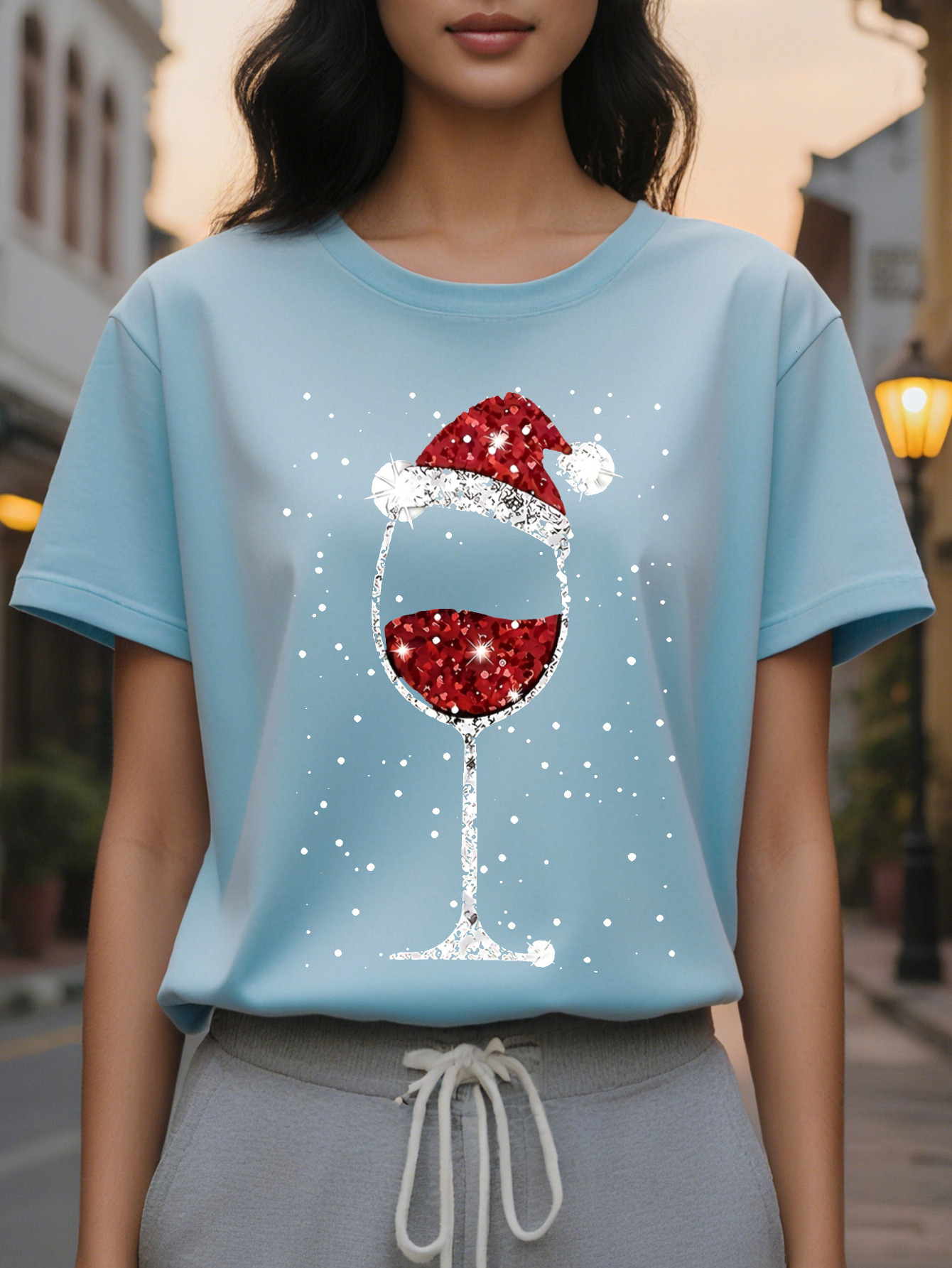 Large XL Christmas Wine Glass Santa Hat Pattern Print Round Neck T-Shirt Spring and Autumn Casual Tops Women's Clothing Plus Size