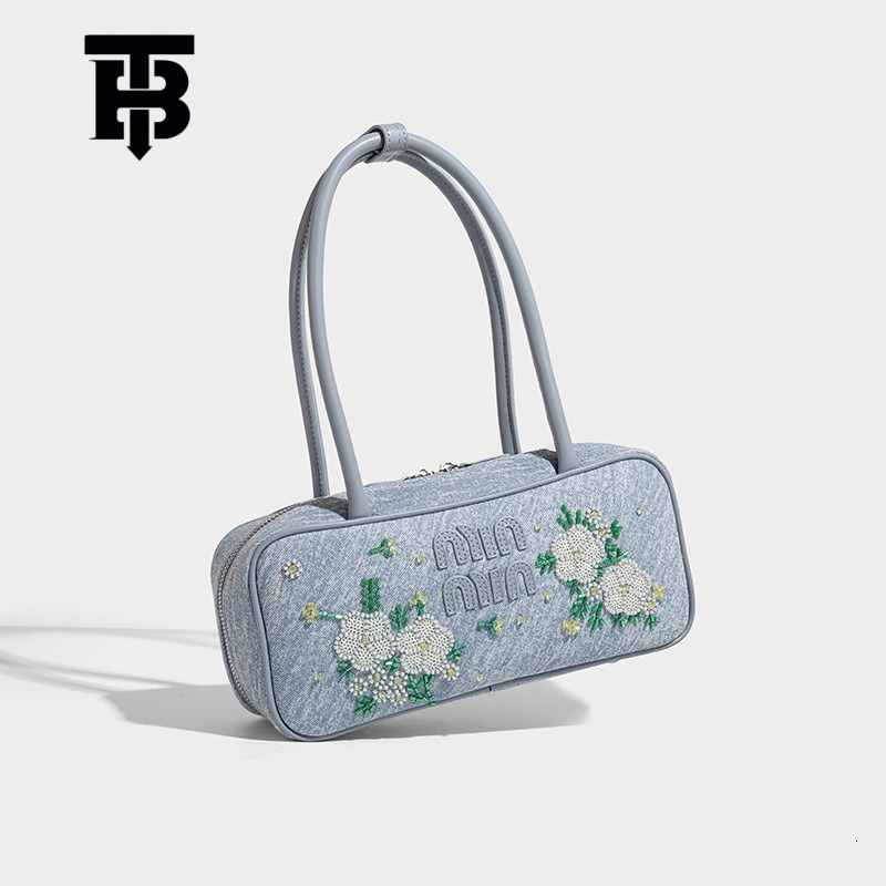 TB BHULAMTE Vintage Denim Embroidered Bowling Designer S Bag Bag For Women, High-end Niche Fashion Underarm Bag, Hundred Towers Commuting Shoulder Han