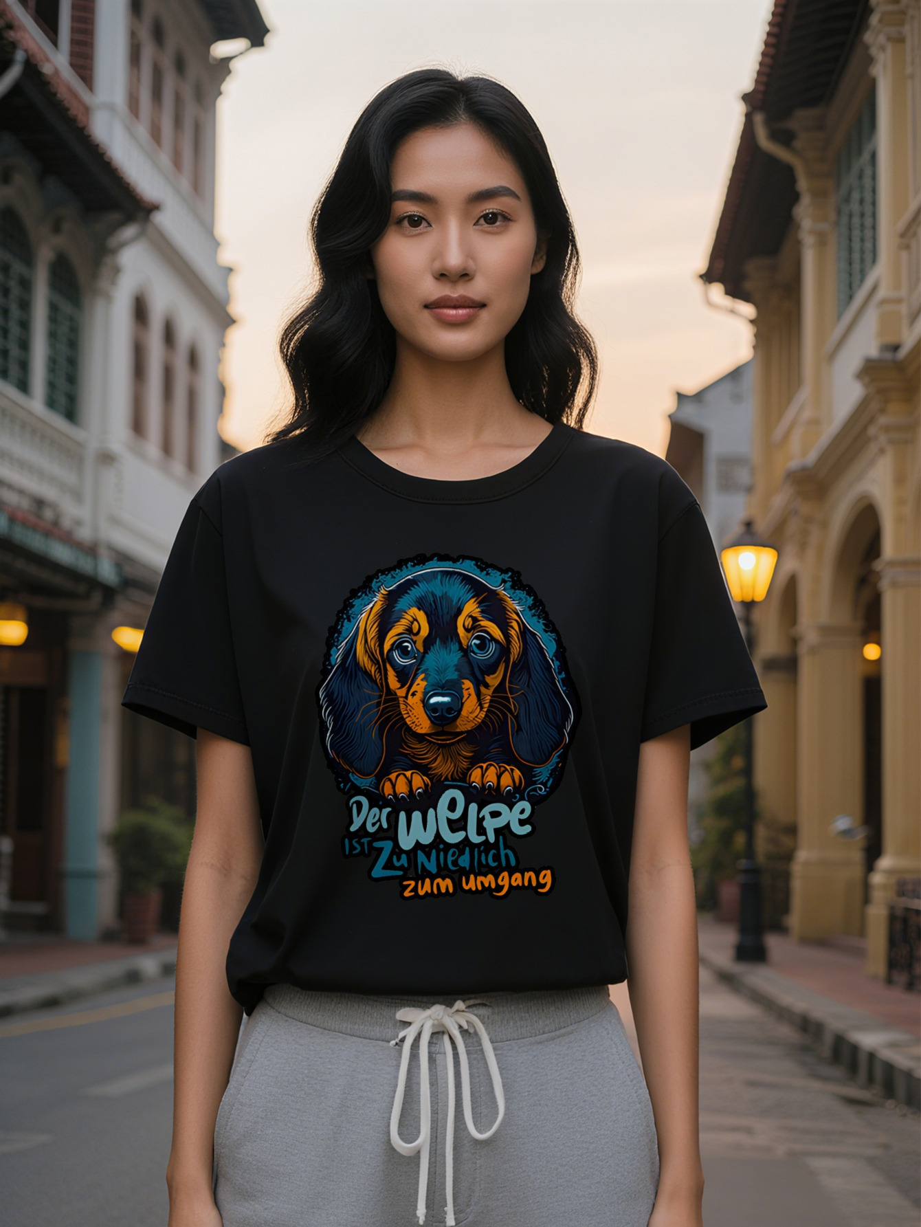 Large XL Graphic T-Shirt with Cartoon Dog Print Black Round Neck Summer Tee Dachshund Design German Text High Washable Plus Size