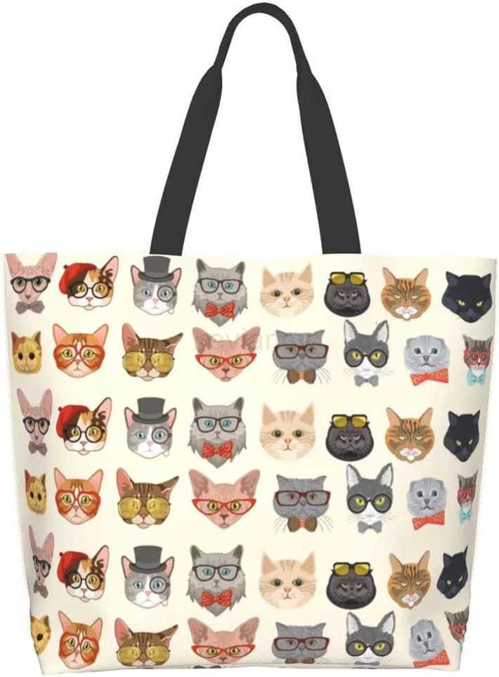 Tote Bag for WomenCute Purse Gifts for Cat LoversKitty Print Shoulder Reusable Shopping Handbags Casual Travel Polyester Summer Beach Grocery Bag Holi