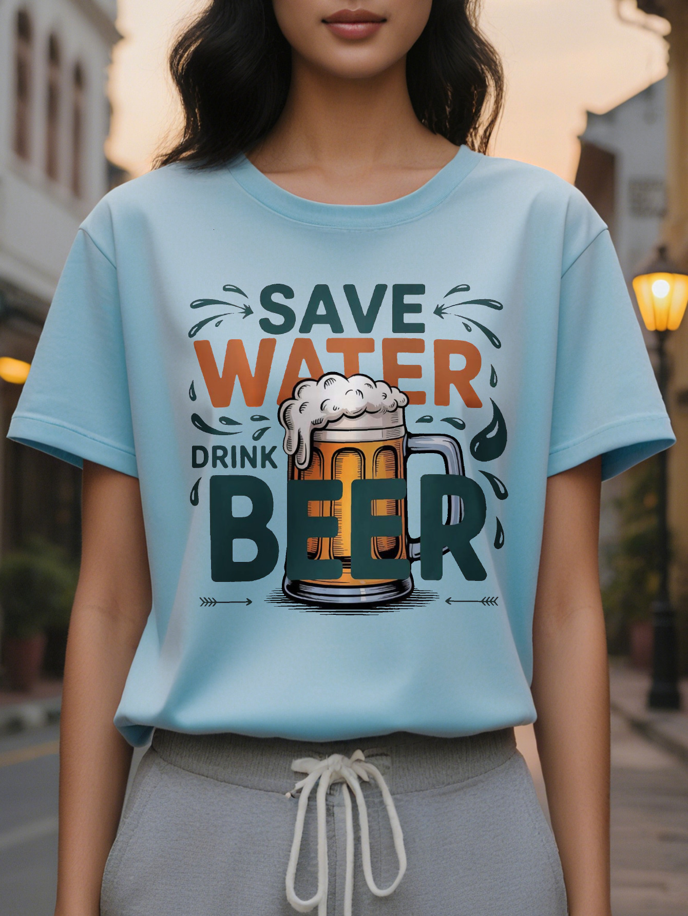 White short sleeve round neck summer T-shirt with mug design, lightweight breathable fabric for casual wear