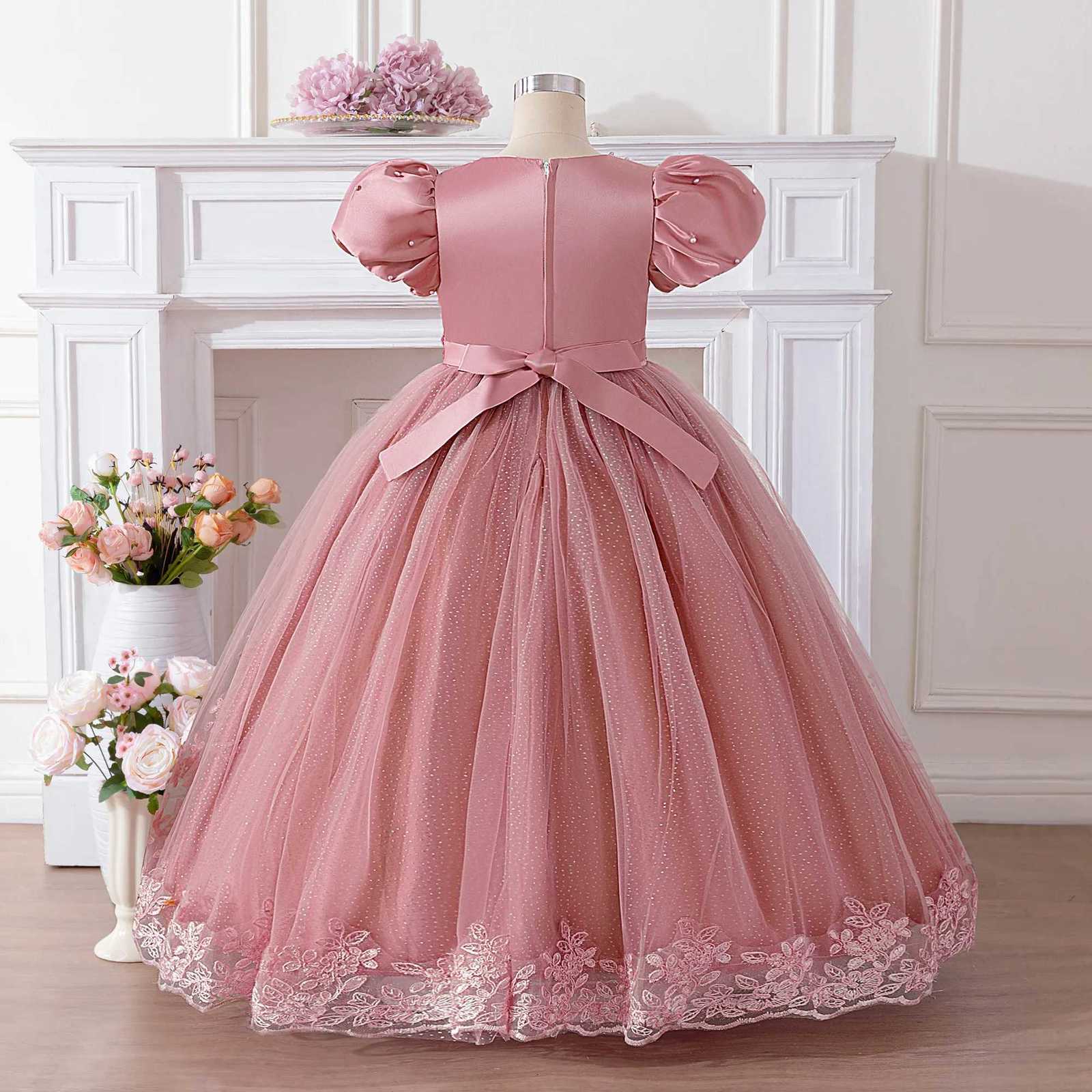 Elegant Flower Party Girls Dresses Puff Sleeve Beading Bridesmaids Wedding Princess Prom Dress Girl Tulle Birthday Evening Gown Z250904