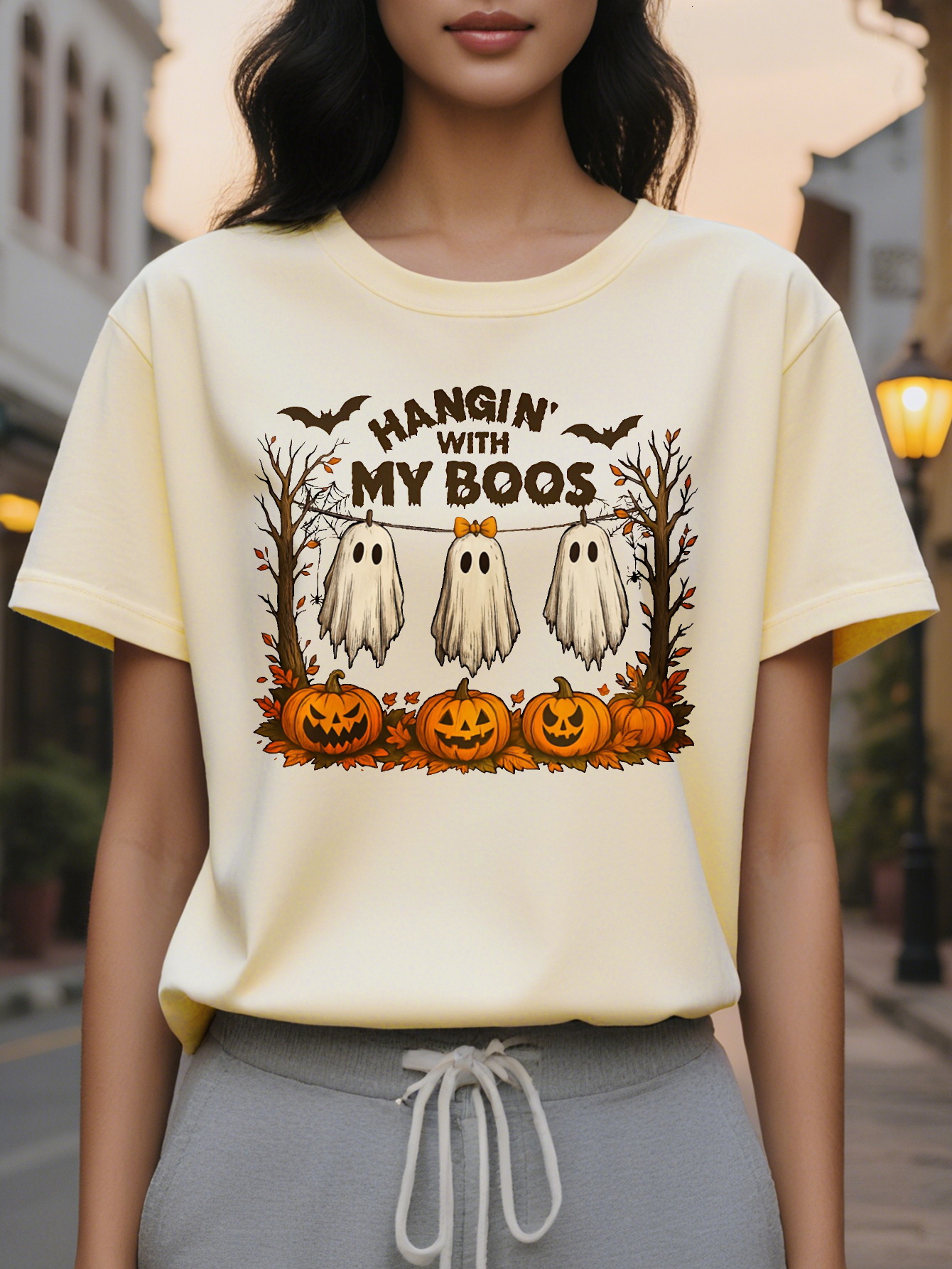 Women s Beige Spooky Ghosts Jack O Lanterns Round Neck Pullover Cozy Fall Parties Casual Attire hine Washable