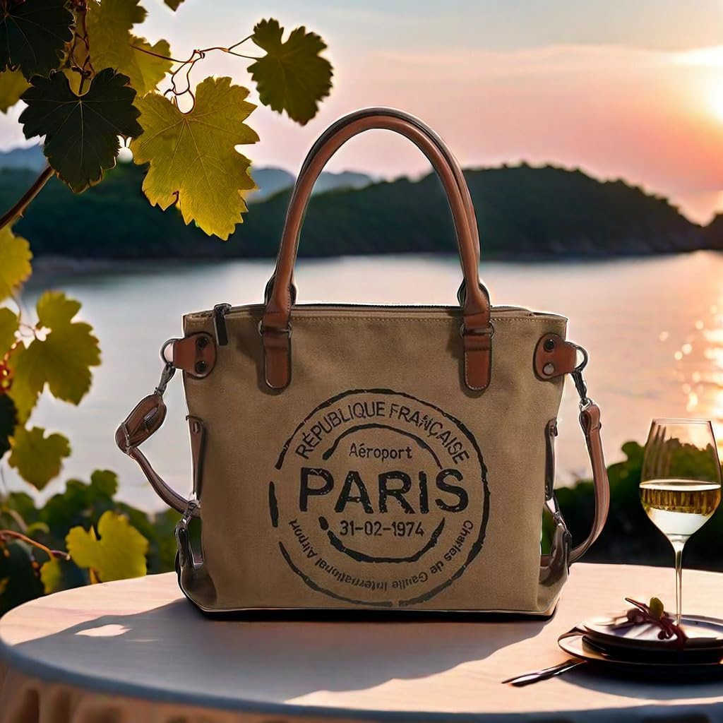 Women Vintage Paris Lightweight Canvas Tote Crossbody Bag with Zipper for Work M250904