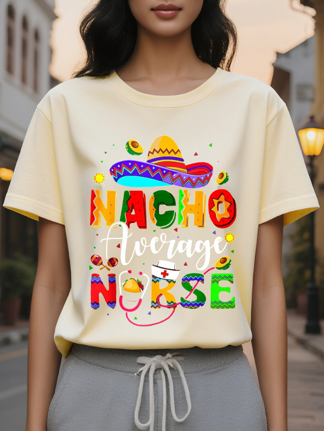 Nacho Women's Casual Short Sleeve T-Shirt Daily Color Nachos and Cheese Print Translucent Round Neck Summer Top