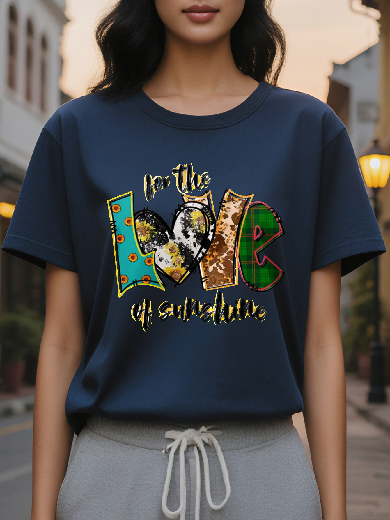 Women's White T-shirt Color for Love of the Sun Pattern Short Sleeves Round Neck Casual Summer Top Fun Design