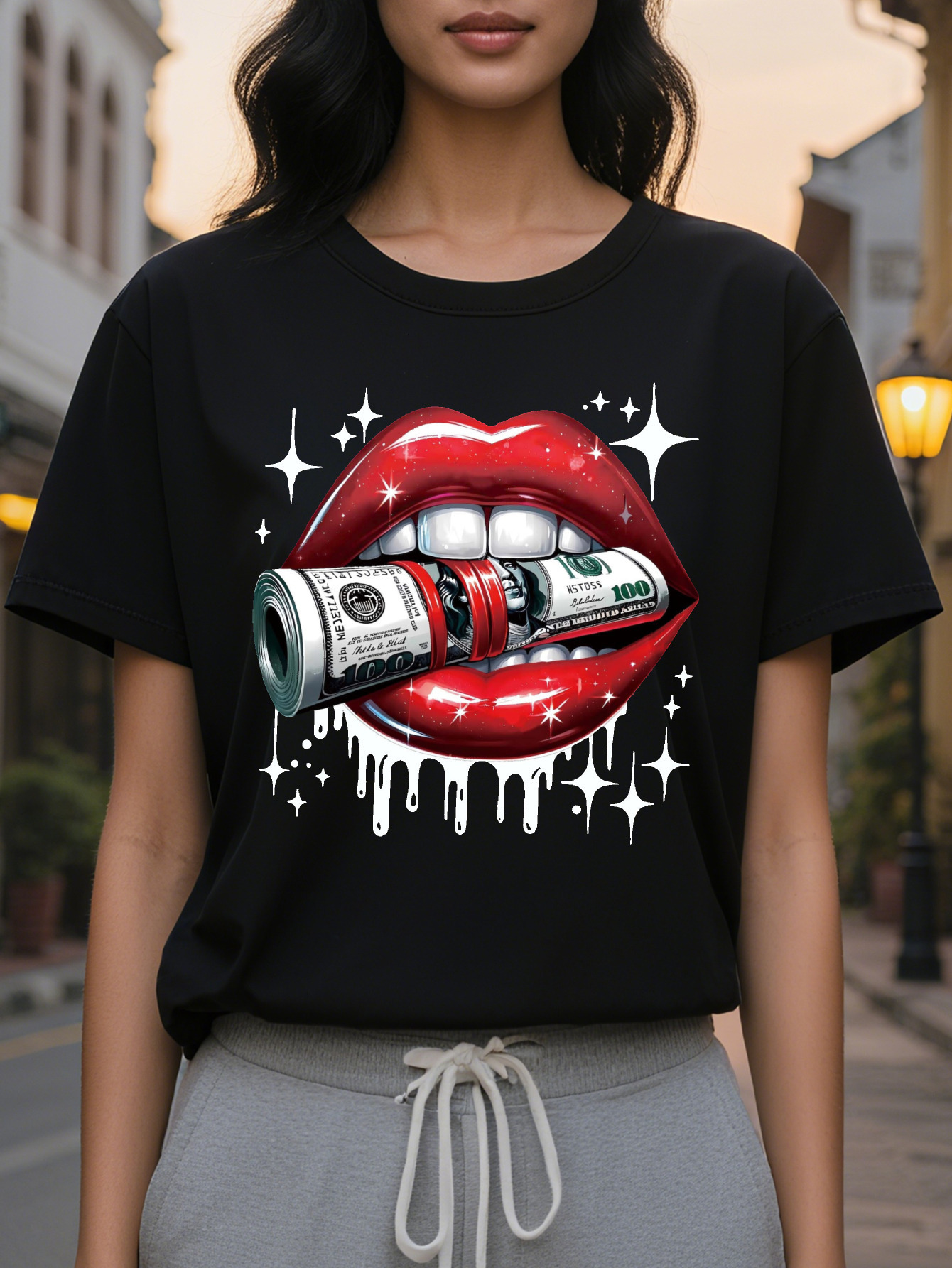 Red Lips Dollar Print T-shirt Casual Short Sleeve Crew Neck Top Stylish All Season Women's Clothing