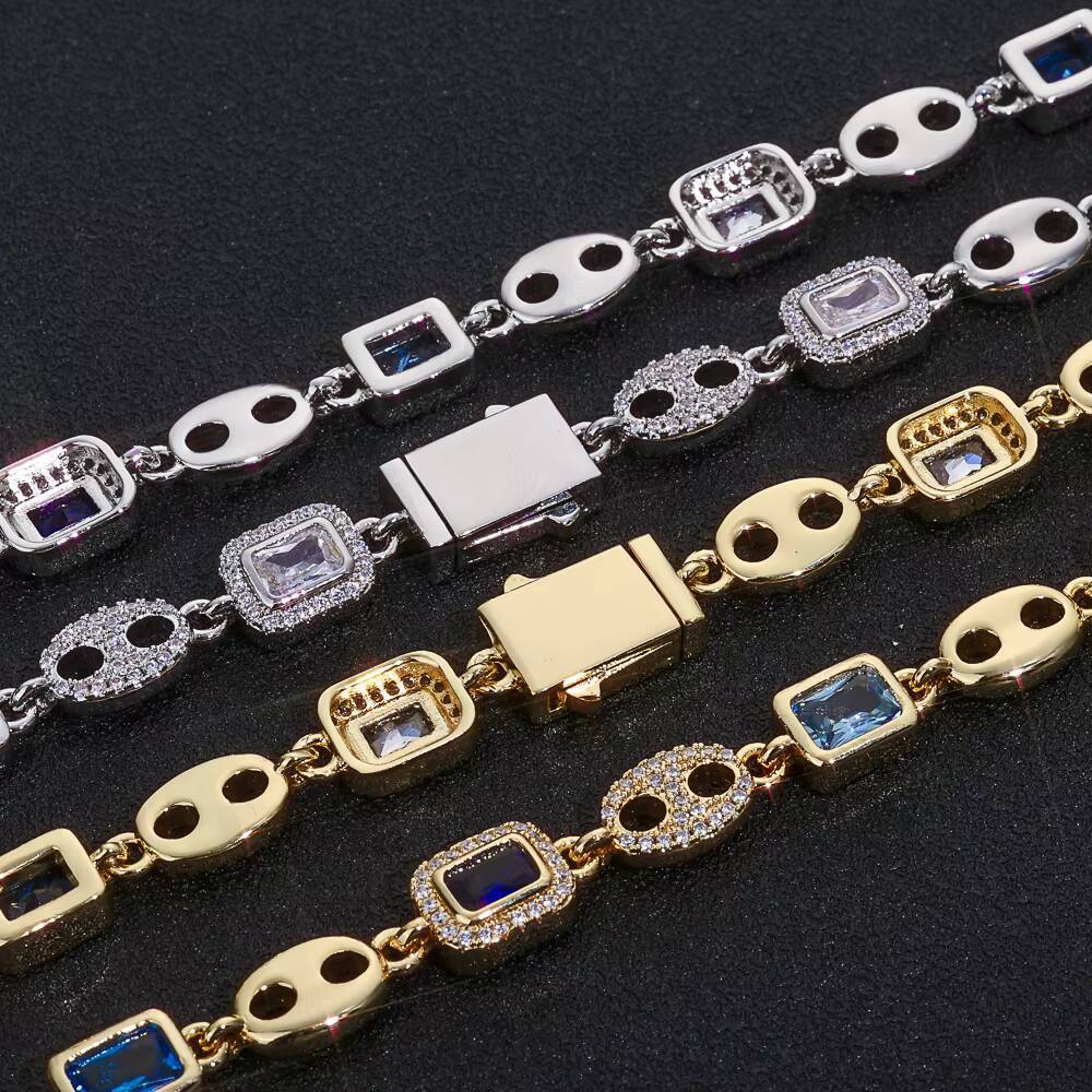 NUOYA Gold Plated Pig Nose Choker Necklace Geometric Gemstone Design Blue White Moissanite Fine Hip Hop Luxury Jewelry