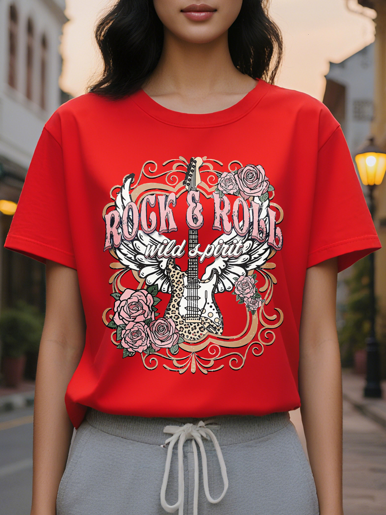 Large XL Rock Roll Print T-Shirt Casual Crew Neck Short Sleeve Top for Spring Summer Women's Clothing Plus Size