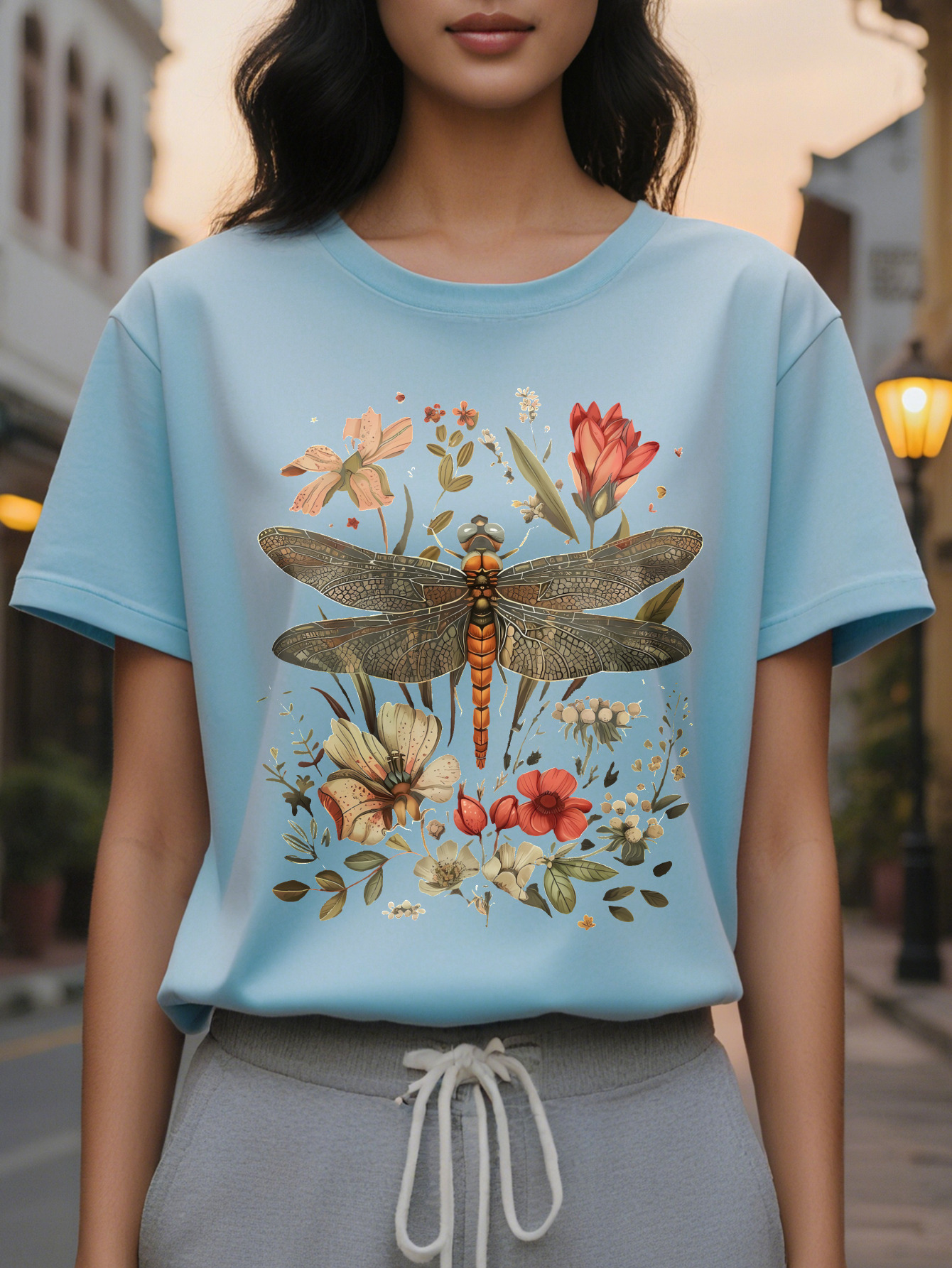 Large XL Casual Dragoy Floral Print Cotton Knit Tee Women S Crew Neck T Shirt All Season Regular Length Top Plus Size