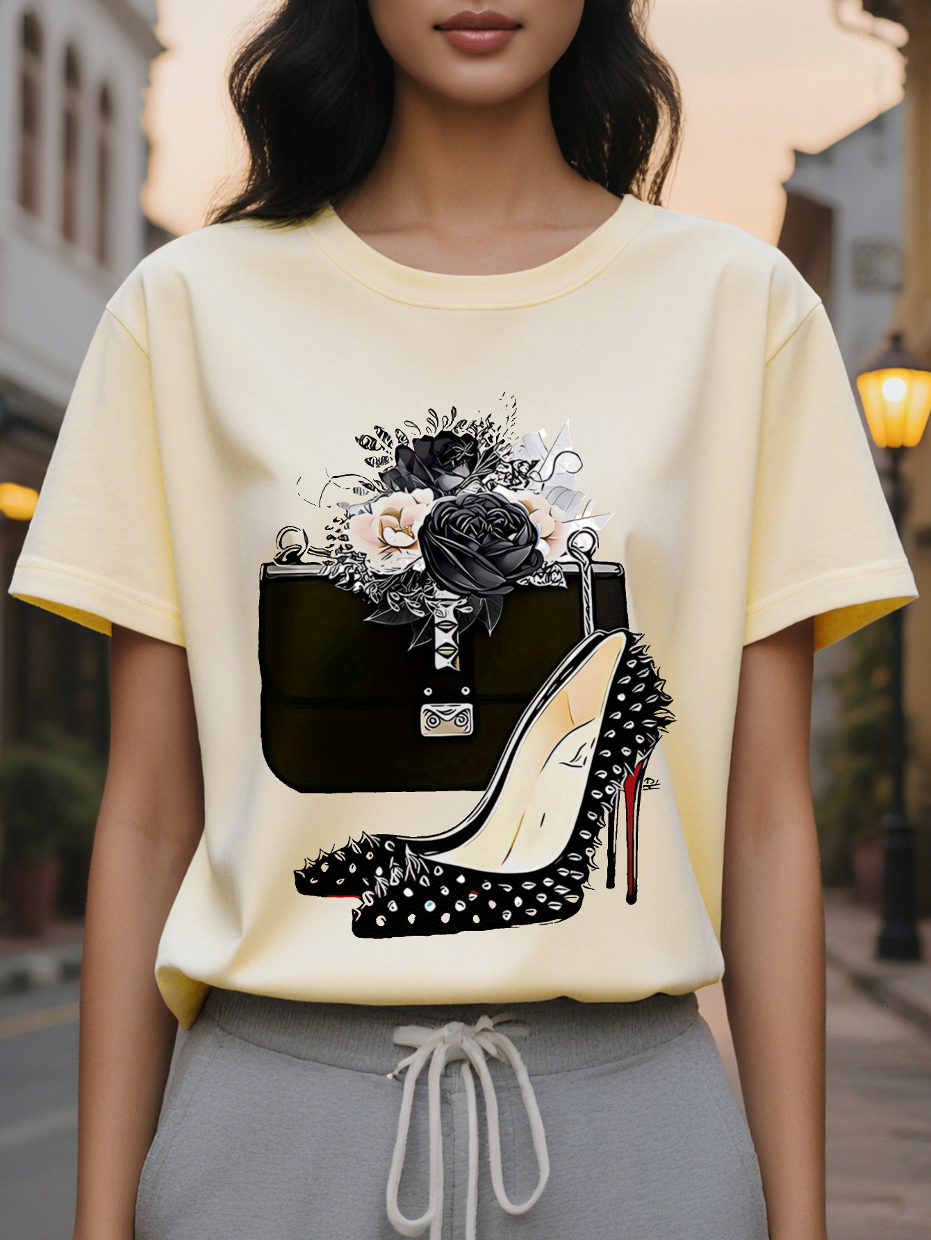 igh-heeled shoes printed T-shirt short sleeve round neck casual top suitable for spring and autumn women's clothing