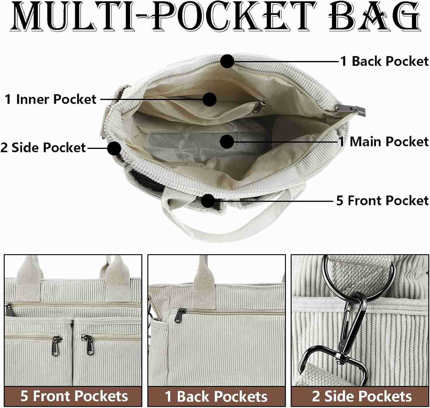 Womens Casual Corduroy Tote Bags with Multiple Pockets Hobo Crossbody Bag Travel Shoulder Bags Cute Purse Handbag M250904