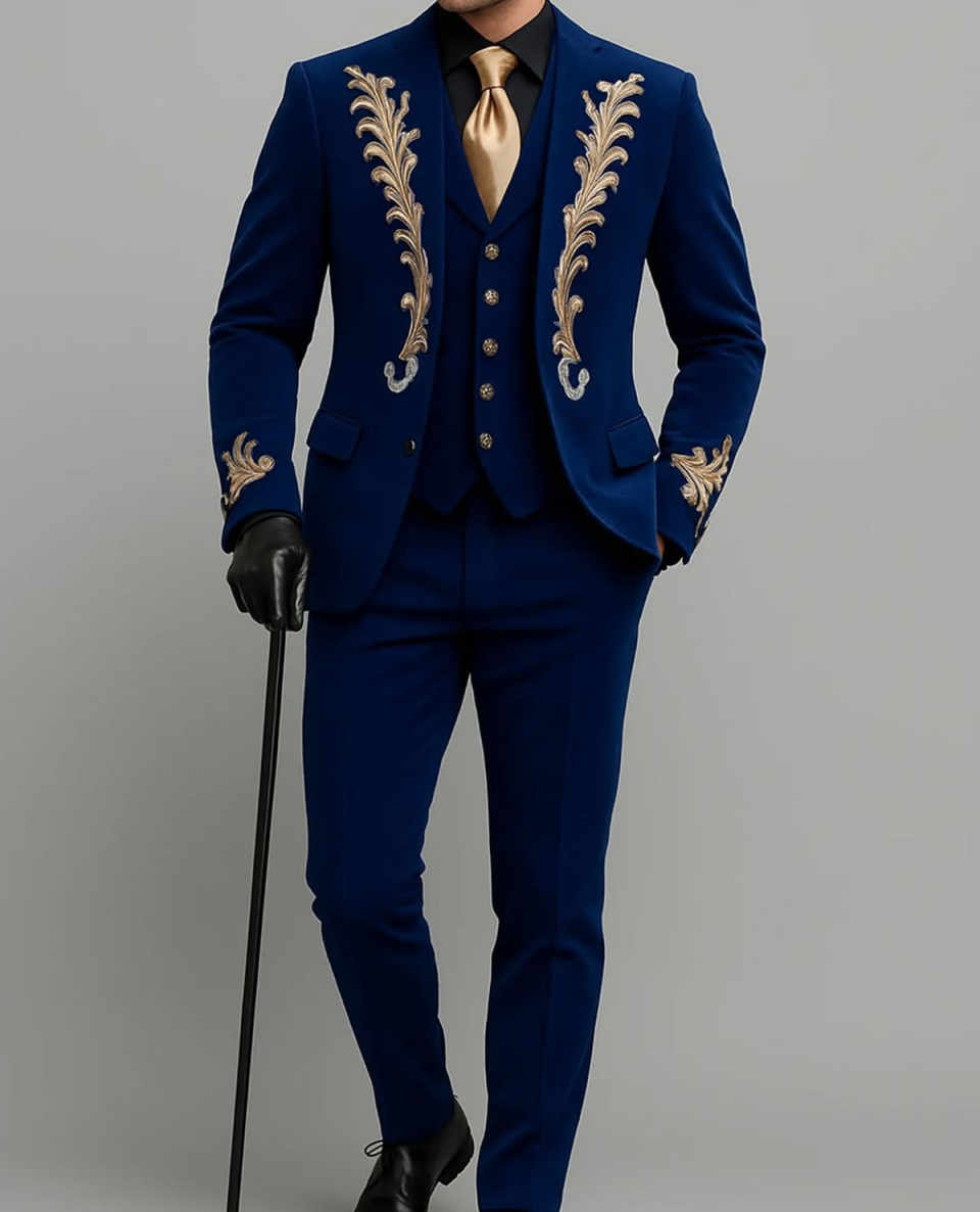 Gold Appliques Men Tuxedos 3 Pieces Customized Classic Fit Groom Pants Suits Fashion Birthday Party Show Wear