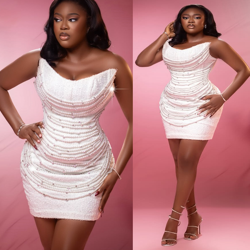 2025 Off White Cocktail Dresses For Women Homecoming Dress Sheath Illusion Strapless Pearls Beaded Lace Crystals Tassel Prom Dresses For Black Girls C