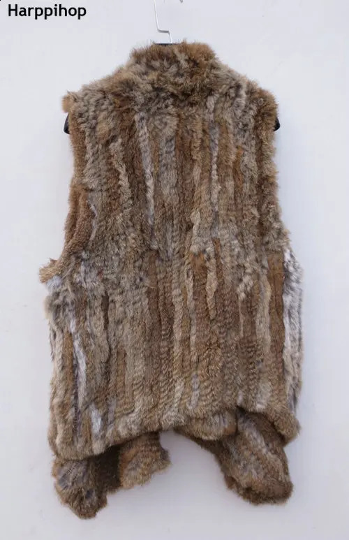 Harppihop Rabbit Fur Vest Women Knitted Rabbit Fur Gilet Handmade Knitted Female Trend Fur Vest Nature Waistcoat Export Fur 250823