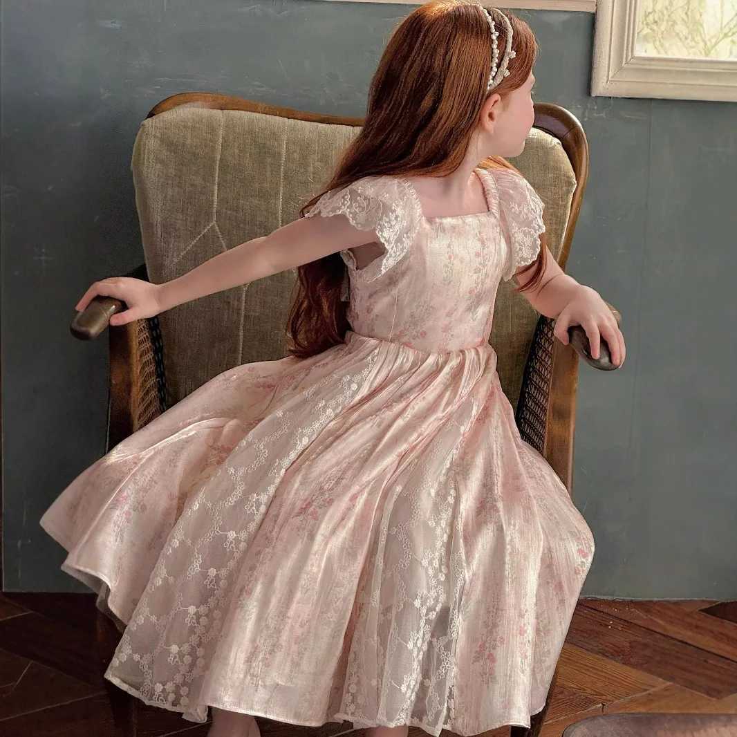 2025 Summer New Girls Floral Lace Flying Sleeve Dress Sweet Lace Patchwork Dress Forest Style Princess Dress Z250904