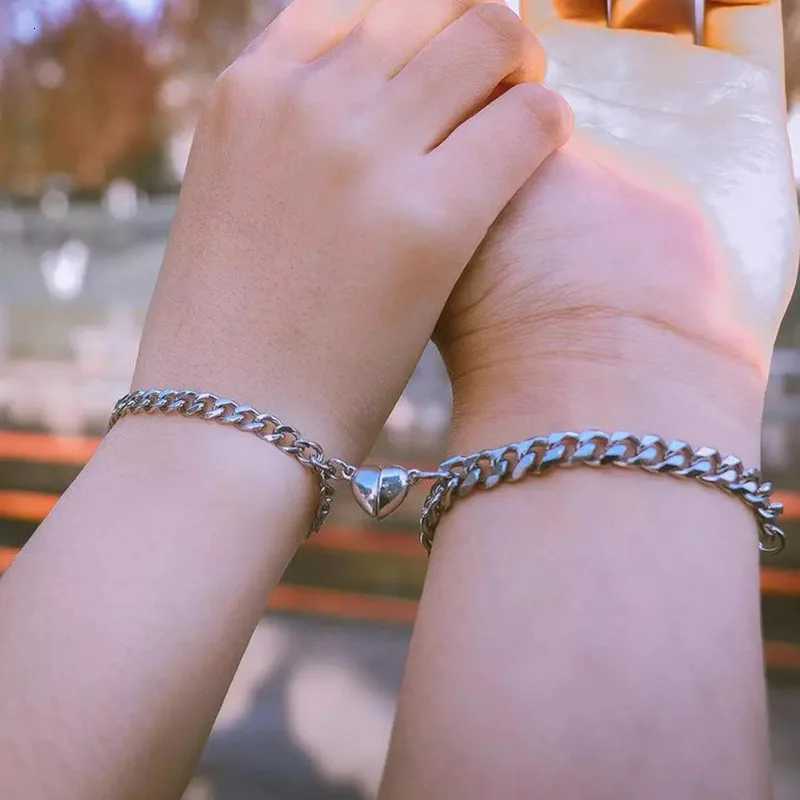 Pcs Punk Paired Couple Bracelet For Women Stainl Steel Magnetic Silver Color Best Friend Cuban Chains Jewelry GiftXJ250904