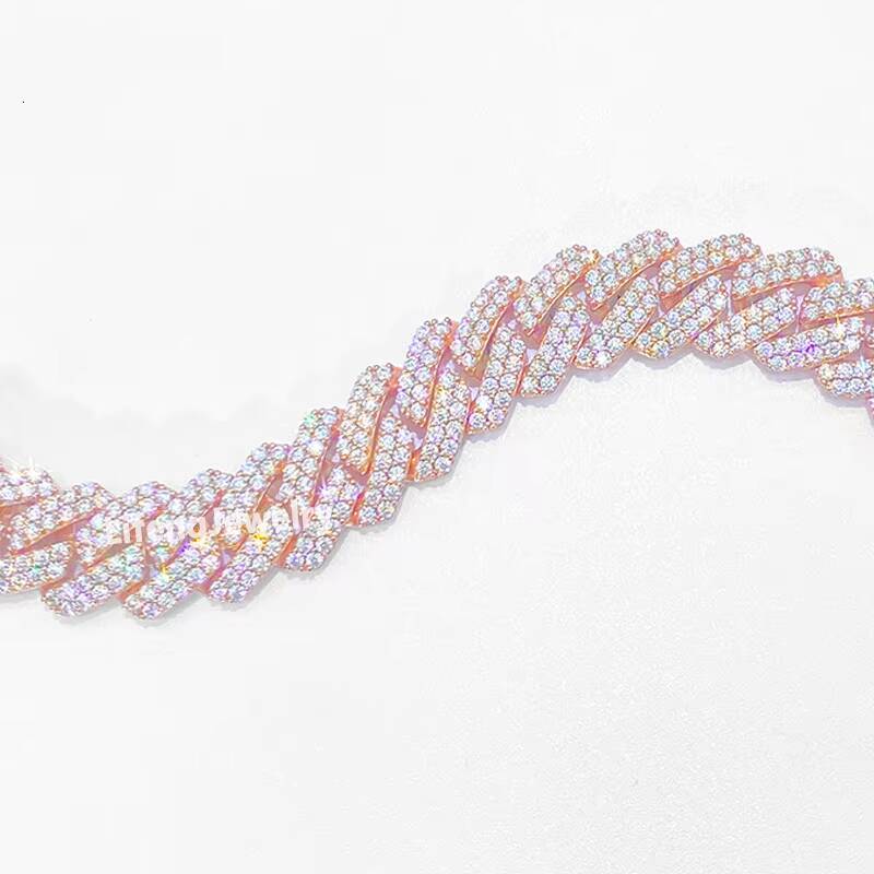 Mens 925 Sterling Silver Moissanite Necklace 14mm 2Rows Rose Gold Diamond Iced Miami Cuban Link Chain HipHop Style