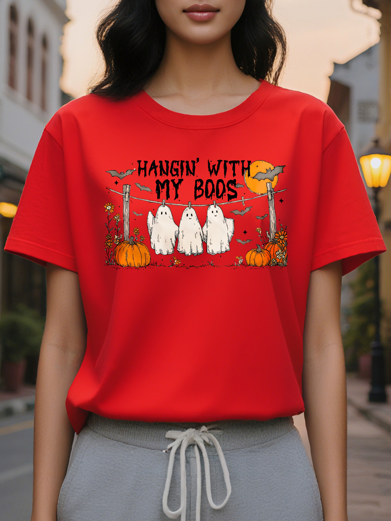 Large XL Women's T-Shirt Light Gray Ghosts Pumpkins Hanging with My Boos Graphic Tee Party Outfit Soft Round Neck Summer Shirt Plus Size