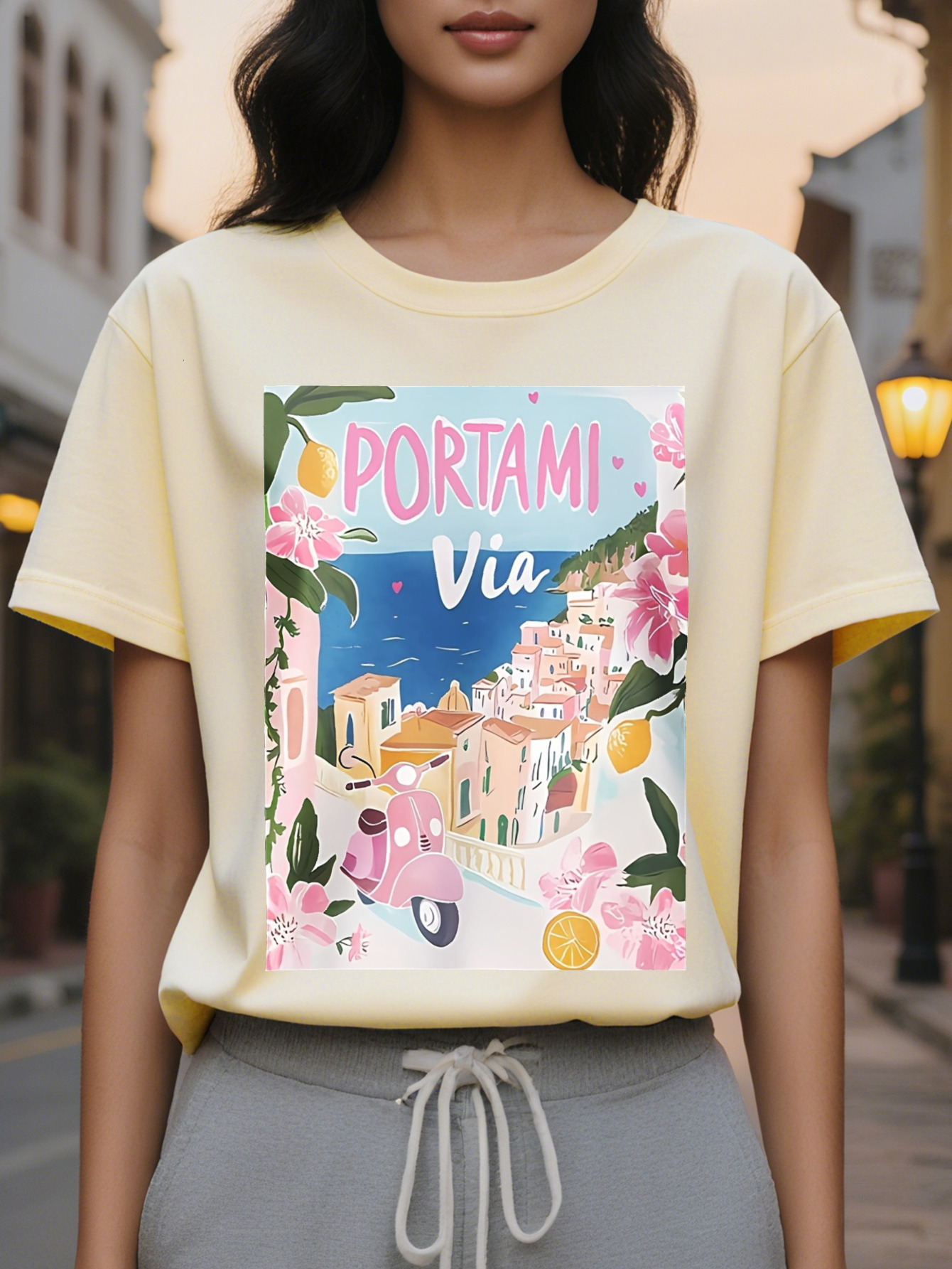 Large XL Women's Casual Short Sleeve T-Shirt Portofino Italy Graphic Print with Floral Pastel Buildings Soft Pink Round Plus Size