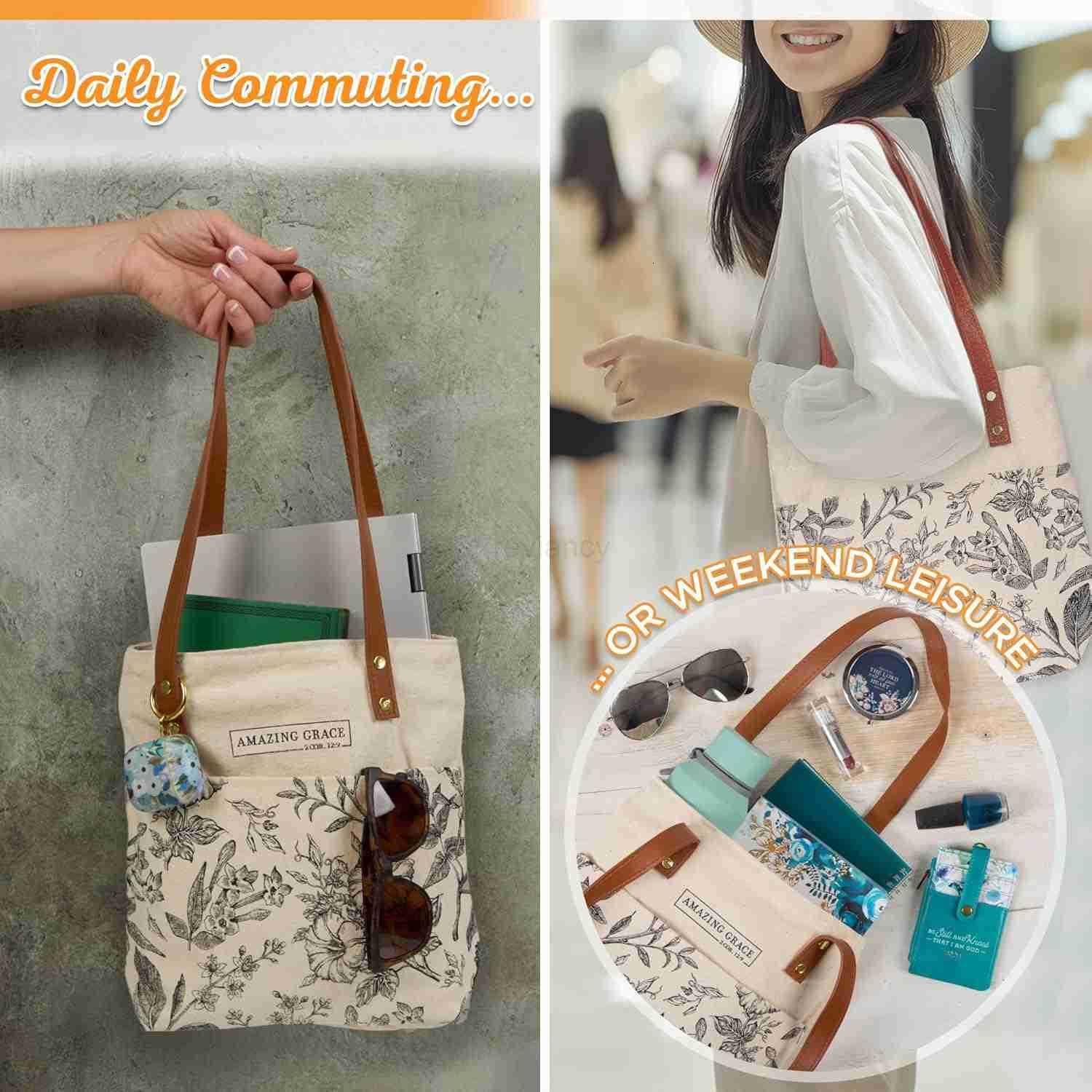 Tote Bag for Women Amazing Grace Inspirational Scripture for Shopping Supplies Books Accessories Vegan Leather Pocket Zippered CW250904