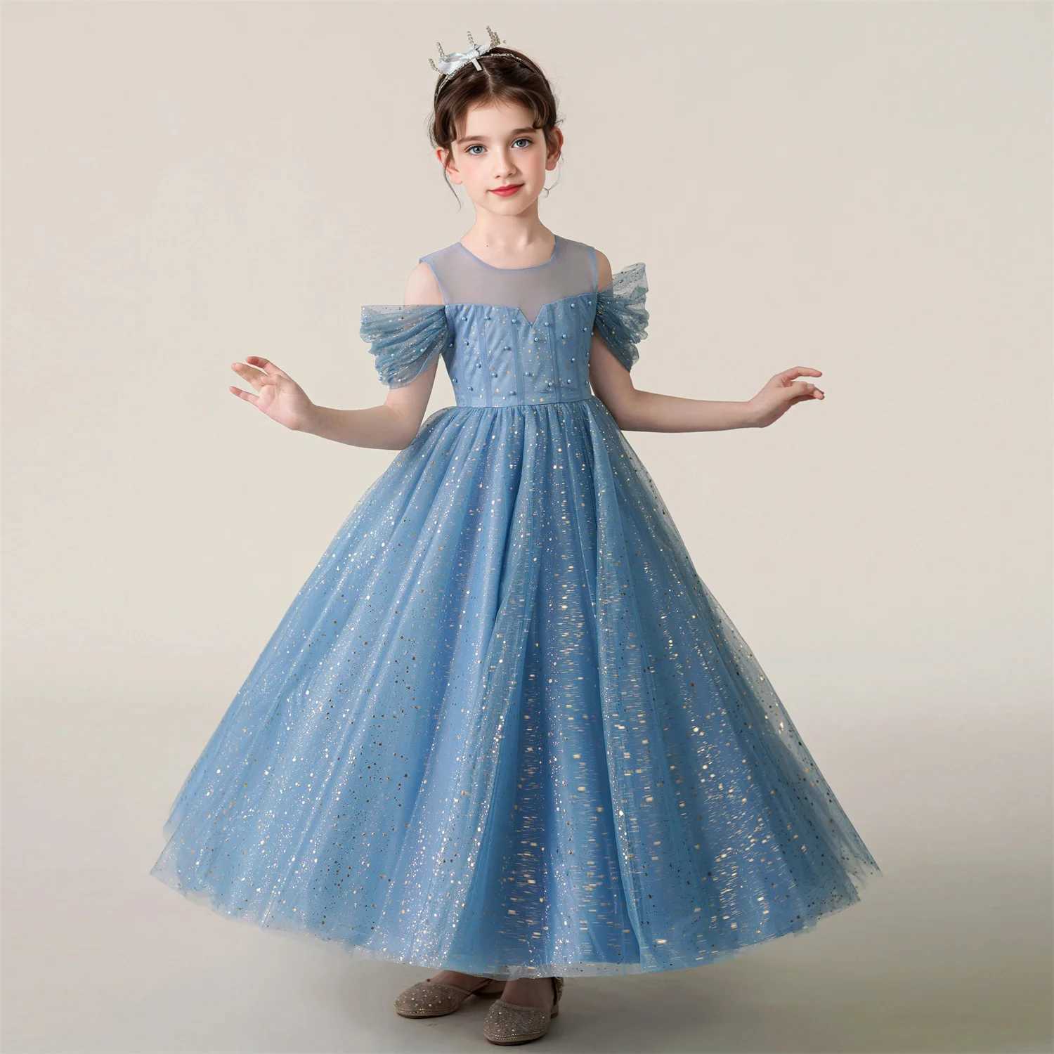 3-12 Year Children Pink Mesh Long Dress Wedding Dress Girl Princess Dress Girl Birthday Party Evening Dresses Z250904