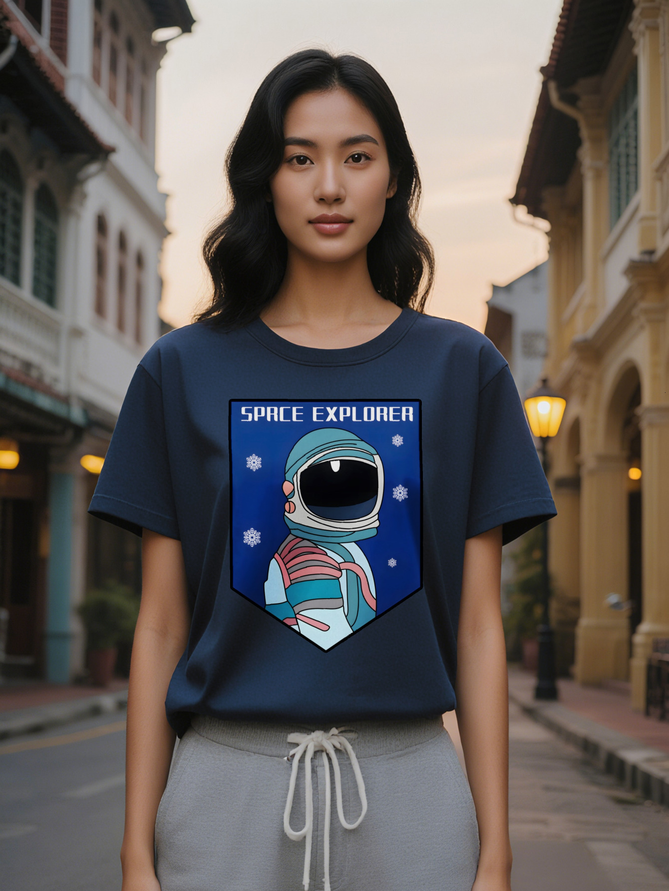 Lady Casual Graphic T-Shirt Explorer Astronaut Helmet Stars Print Black Round Neck Summer Tee Regular Fit Unique