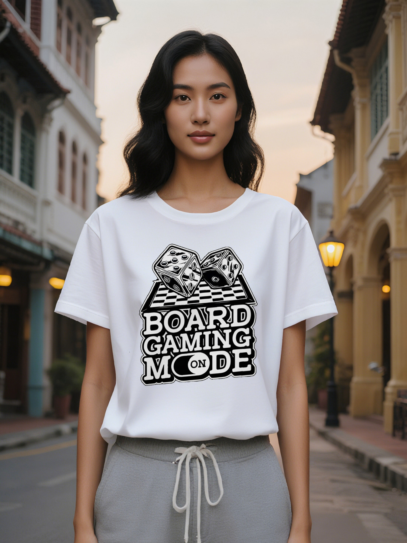 Large XL Lady Casual T Shirt Board Mode Design With Dice Checkered Print Black White Gaming Enthusiast Tee Regular Fit Plus Size