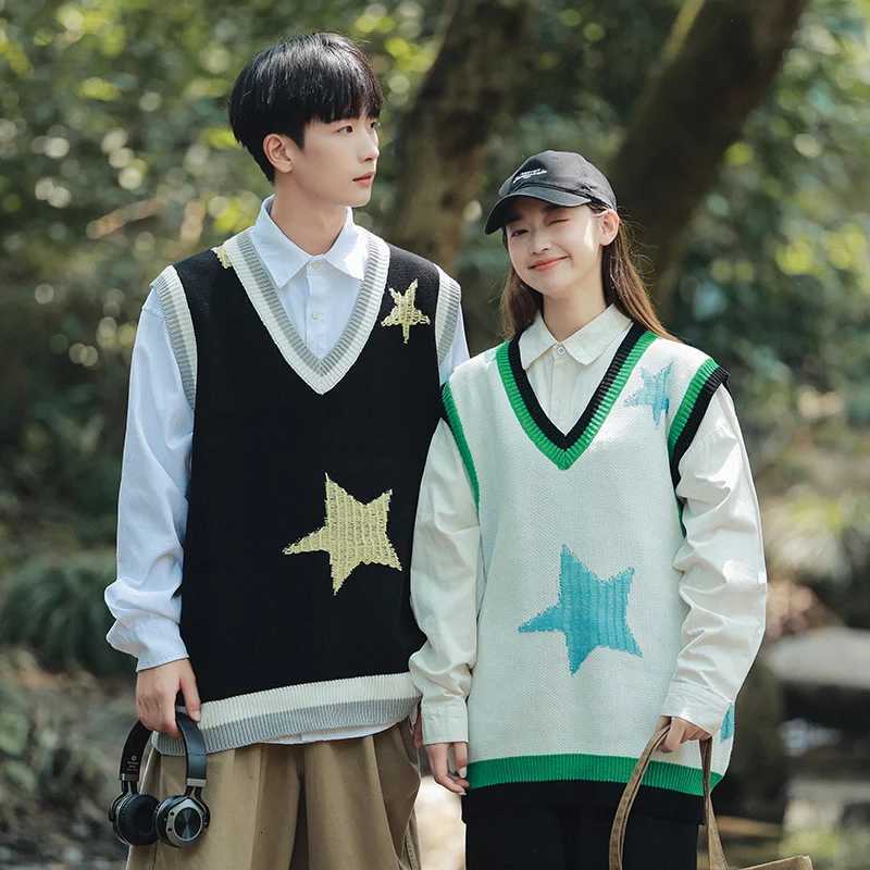 Korean Streetwear Mens Loose Sweater Vest Fashion Star Embroidery Autumn Winter Sweater Vest Men Sweater Vest for Daily WearXJ250904