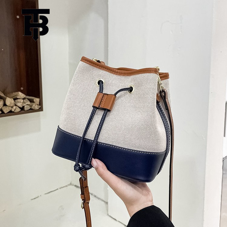 TB BHULAMTE Women's Bag Foreign Trade New Canvas Color-Block Handbag Bucket Bag Street Fashion Textured Drawstring Single Shoulder Designer s bag