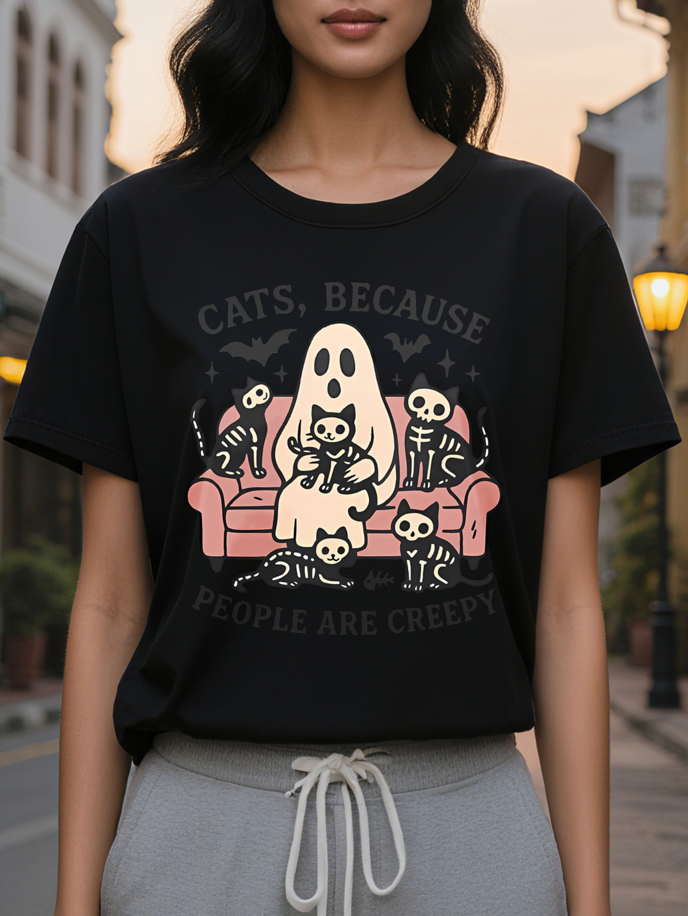 Ladies Funny Cats Because Humans are Too Weird Halloween Thanksgiving T-shirt Red Short Sleeve Casual Top Ghost