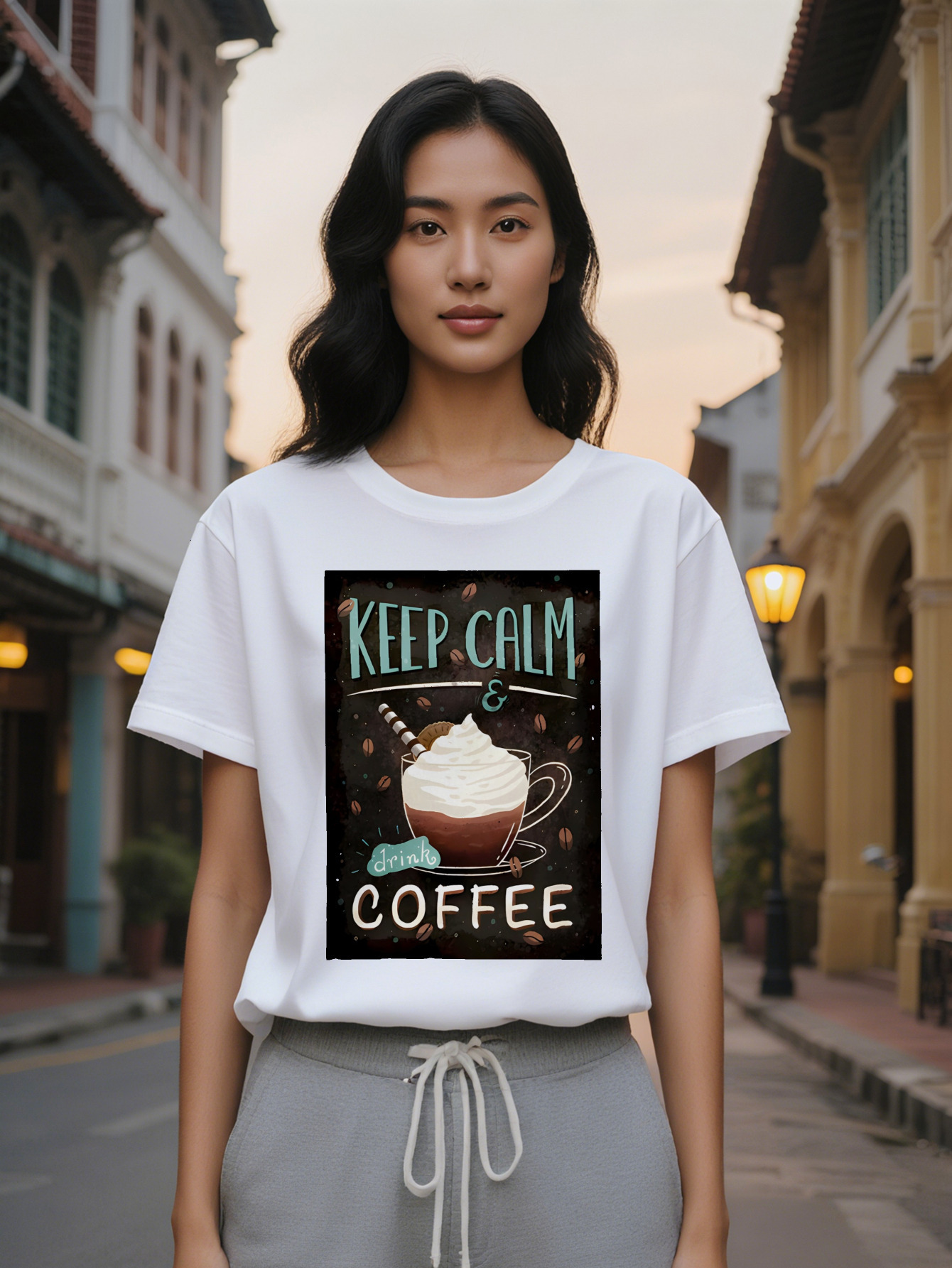 Large XL Lady Casual Graphic T-Shirt Keep Calm Drink Print with Beans Latte Art Black Round Neck Summer Tee Washable Plus Size
