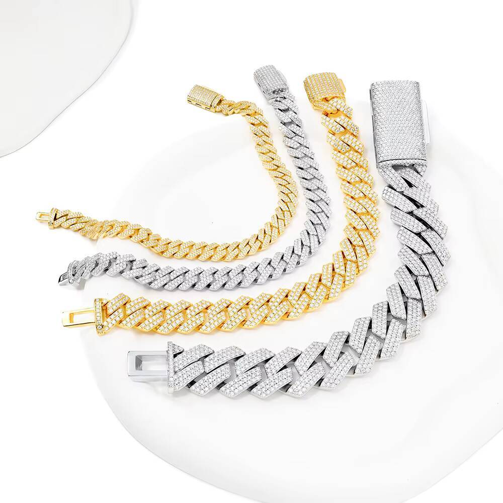 925 Sterling Silver With Full of Moissanite Stones Hip Hop Bracelet 8mm Width Prong Setting Cuban Link Bracelet for Men