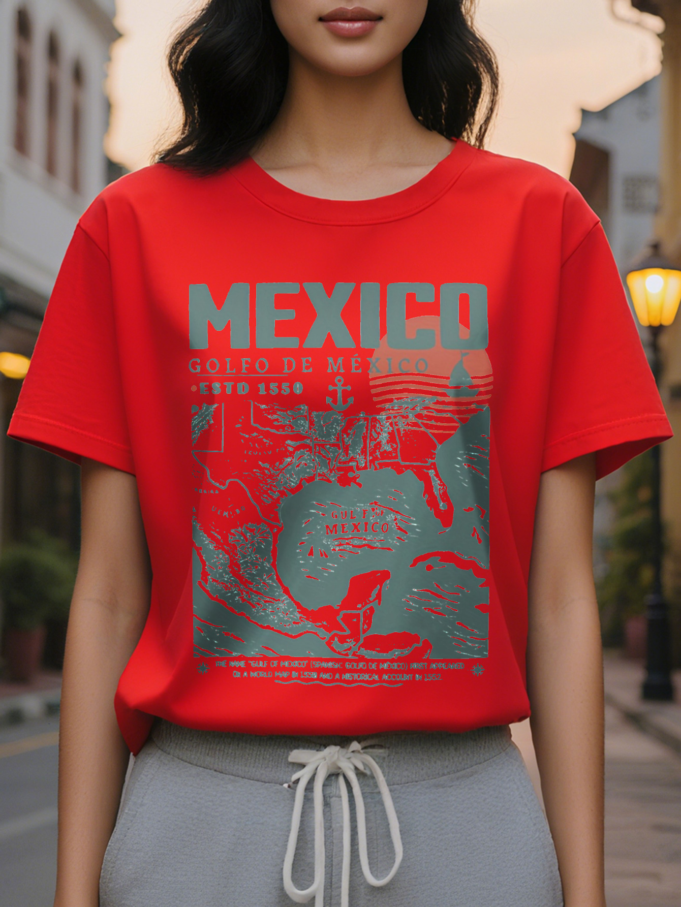 Women's Retro Gulf of Mexico Pattern T-Shirt Patriotic American Nautical Design Coordinates Loose Fit Short