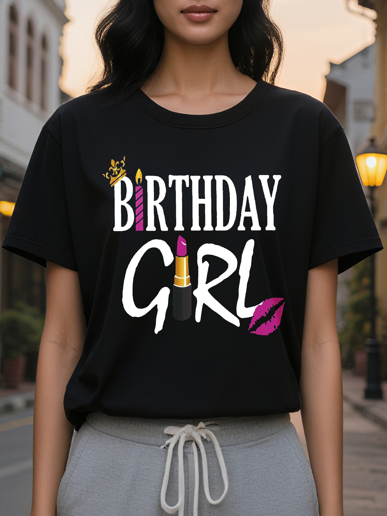 Large XL Birthday Girl Print T-Shirt Casual Short Sleeve Crew Neck Top Stylish All Season Women's Clothing Plus Size