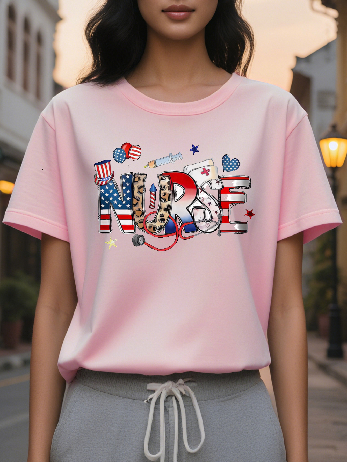 Women's Nurse Pattern Short Sleeve T-Shirt Star Stripe Theme Letter Print Elastic Round Neck Casual Top Spring and