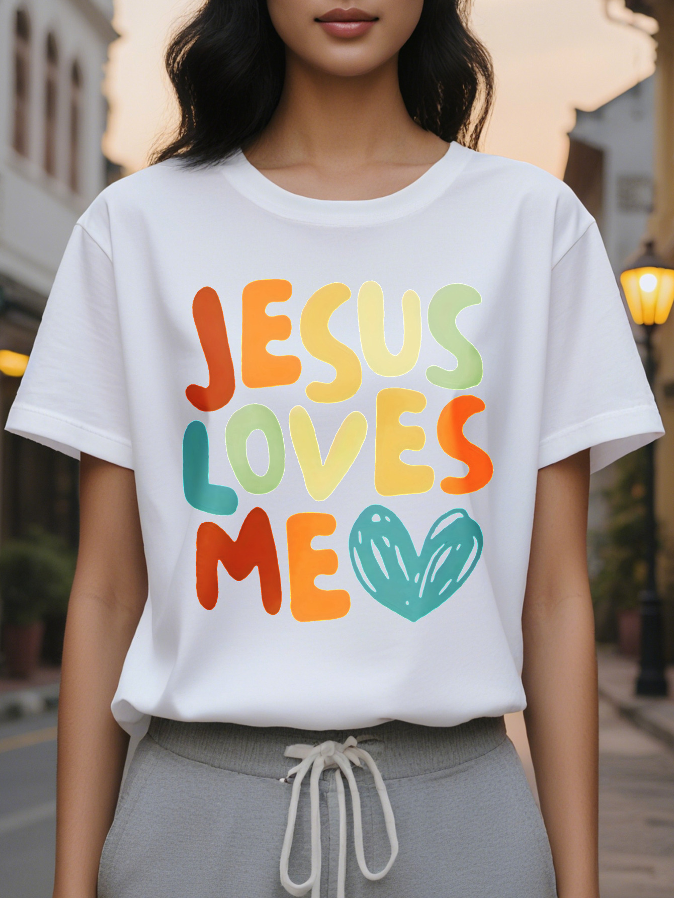Jesus Love Me Heart Letter Short Sleeve T-Shirt Round Neck Casual Summer Spring Top Women's Clothing